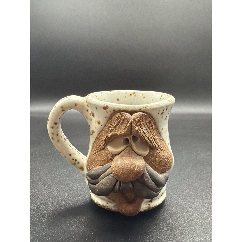 Vintage Small Ugly Face Stoneware Coffee Mug 3" Signed Handmade